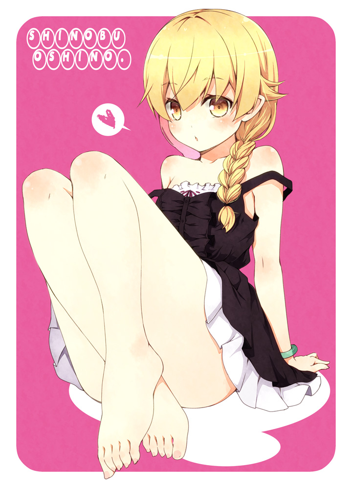 :o arm_support bare_shoulders barefoot black_dress blonde_hair blush bracelet braid chestnut_mouth dress feet hair_over_shoulder heart jewelry kouji_(campus_life) legs legs_folded long_hair long_legs looking_at_viewer monogatari_(series) oshino_shinobu pink_background pointy_ears single_braid sitting solo spoken_heart strap_slip toes yellow_eyes