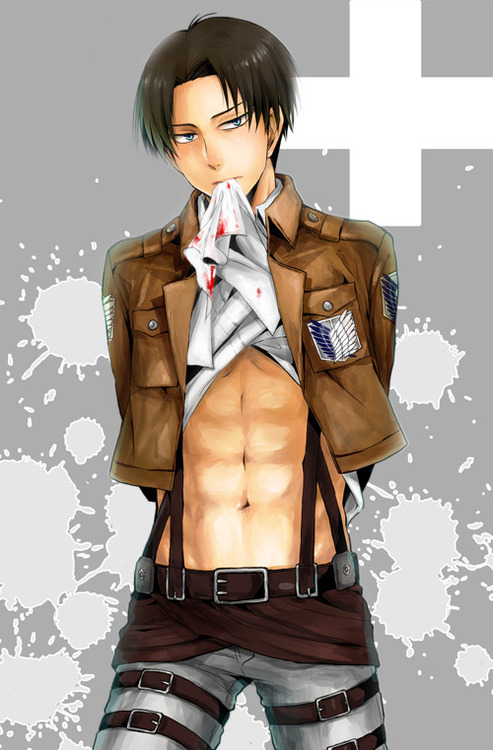 1boy abs belt black_hair blood blue_eyes levi_(shingeki_no_kyojin) male male_focus military military_uniform shingeki_no_kyojin shirt_left shirt_lift solo strap uniform