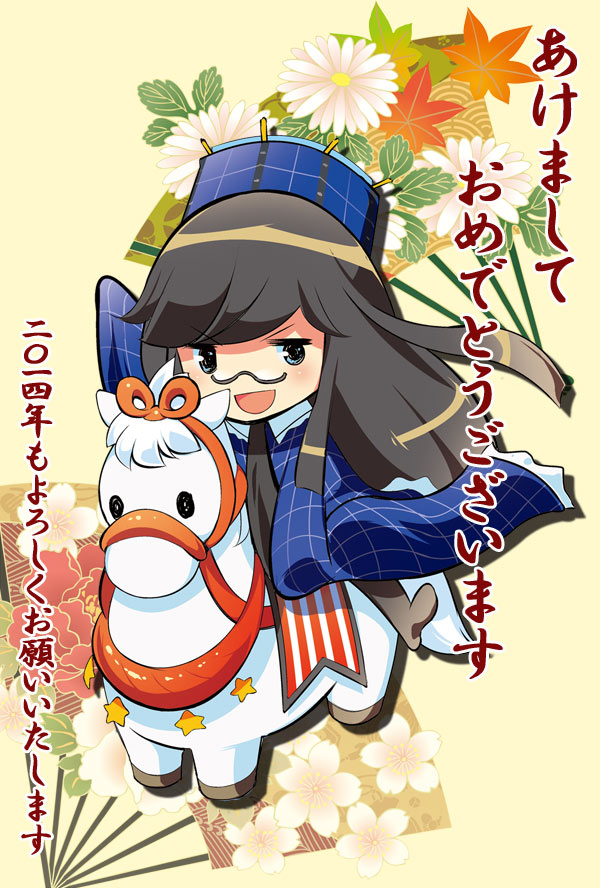 2014 blue_dress blue_eyes brown_hair chibi dei_shirou dress fan folding_fan glasses happy_new_year hat horse long_hair looking_at_viewer mecha_musume minerva_(spacecraft) new_year open_mouth original sitting smile solo waving