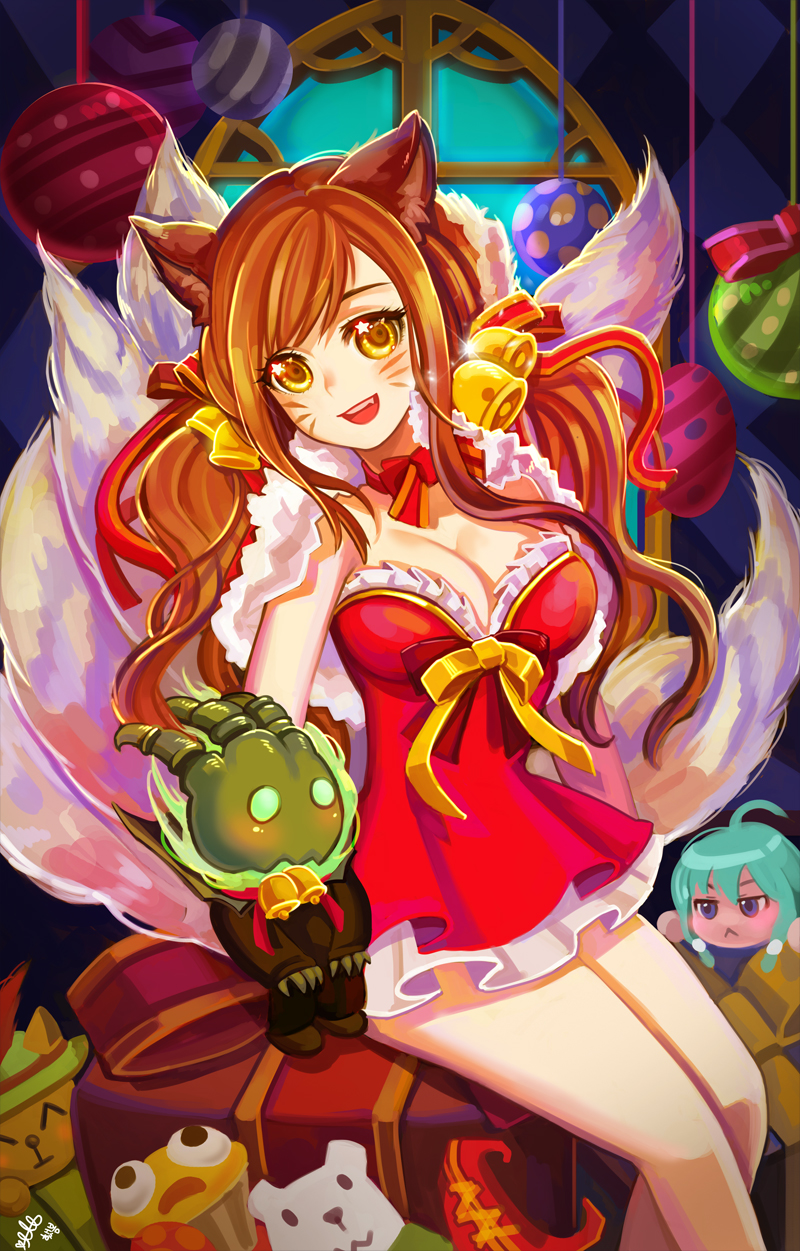 :&lt; ahri alternate_costume alternate_hairstyle animal_ears black_hair breasts capelet christmas christmas_ornaments cleavage crossed_legs dress facial_mark fire fox_ears fox_tail frilled_dress frills gift_wrapping hat highres layered_dress league_of_legends long_hair looking_at_viewer lulu_(league_of_legends) medium_breasts open_mouth ribbon short_dress sinbe sitting smile solo sona_buvelle tail teemo thresh twintails whisker_markings window witch_hat yellow_eyes