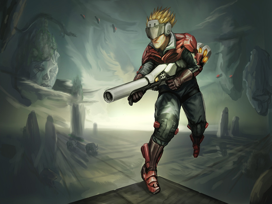 alien armor blonde_hair boots cannon cloud energy_gun floating flying gloves harrier_(character) head headgear landscape mammoth monster mountain realistic redesign rock science_fiction space_craft space_harrier spiked_hair starfighter sunrise visor weapon