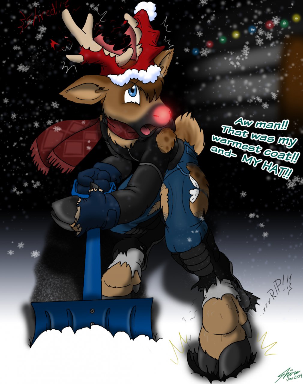 antlers blizzard boots caribou catmonkshiro cervine christmas clothing coat deer elk gloves hat holidays hooves horn lights male mammal night reindeer rudolph santa_hat scarf shovel snow snowflakes snowstorm torn_clothing transformation