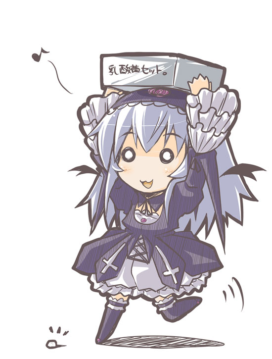 :3 arms_up bad_id bad_pixiv_id boots box carrying carrying_overhead chibi dress frills knee_boots lactic_acid_bacteria long_hair musical_note rikumaru rozen_maiden silver_hair solo suigintou translated wings