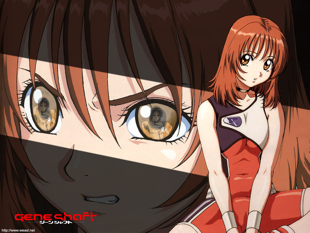 1girl angry bangs bare_shoulders black_eyes black_hair bodysuit breasts brown_hair choker clenched_teeth close-up copyright_name covered_navel eye_contact face geneshaft hair_between_eyes hiroto_amagiwa looking_at_another looking_at_viewer mika_seidou official_art ooshima_yasuhiro orange_eyes parted_bangs parted_lips reflection short_hair sitting sleeveless small_breasts spread_legs teeth turtleneck uniform v_arms wallpaper watermark web_address wristband