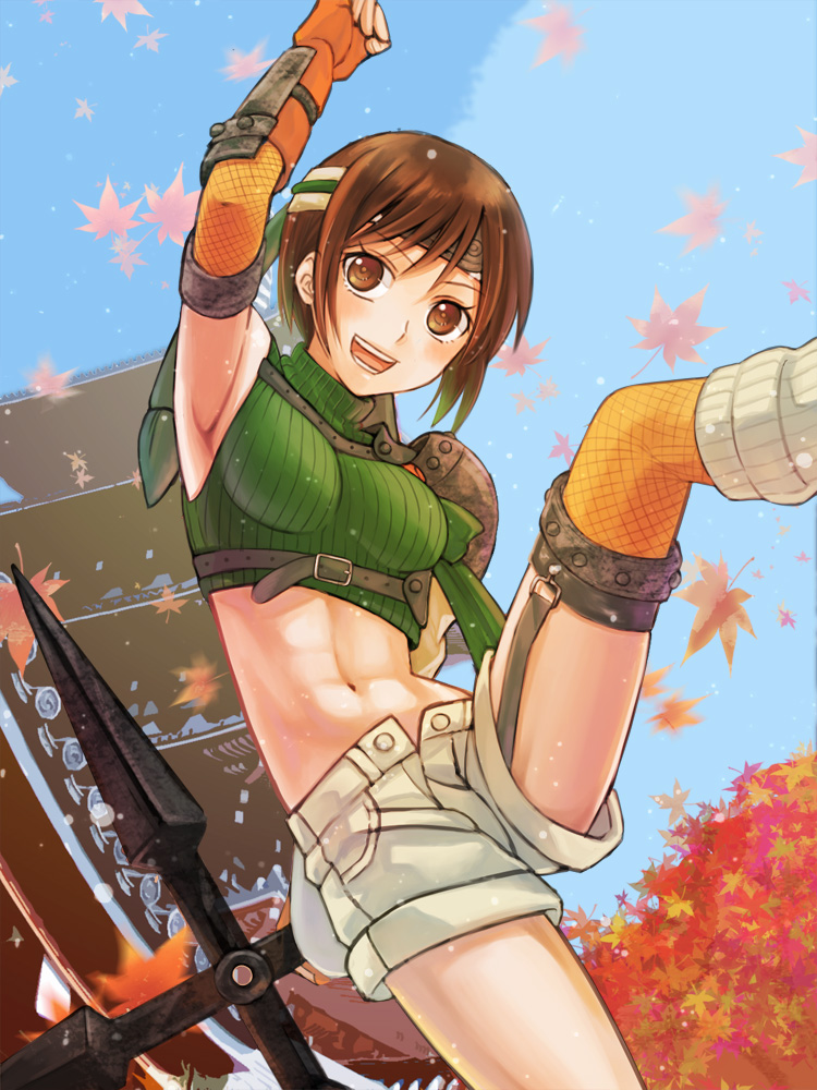 403_(artist) :d arm_above_head armor armpits autumn_leaves brown_eyes brown_hair commentary crop_top day final_fantasy final_fantasy_vii fingerless_gloves fishnets from_below gloves headband kicking leaf leg_up leg_warmers maple_leaf midriff navel open_fly open_mouth pagoda ribbed_sweater short_hair shorts shuriken sky sleeveless sleeveless_turtleneck smile solo sweater tree turtleneck unzipped yuffie_kisaragi