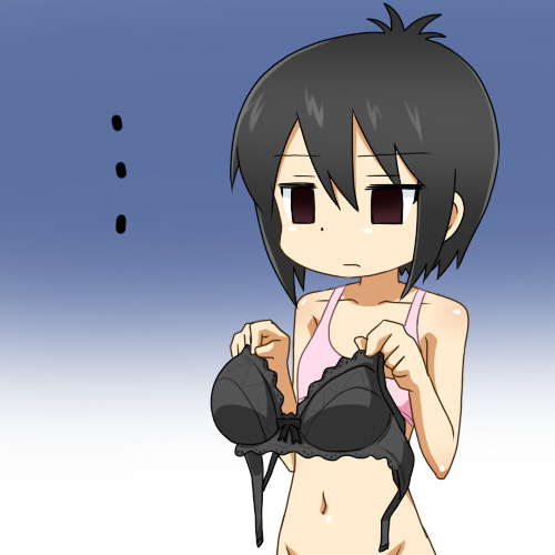 1girl a_channel black_bra black_hair bow bow_bra bra breast_envy brown_eyes empty_eyes goriate groin ichii_tooru lowres navel short_hair solo underwear