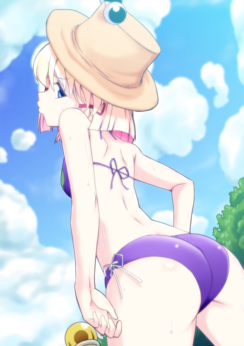 1girl ass bare_shoulders bikini blonde_hair blue_eyes commentary_request day from_behind h-new hair_ribbon hat highres looking_at_viewer looking_back moriya_suwako o3o photoshop_(medium) profile revision ribbon short_hair side-tie_bikini_bottom sky solo swimsuit touhou