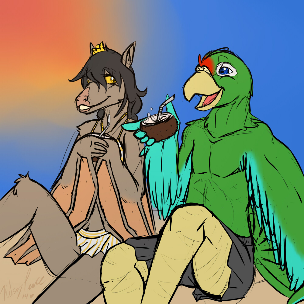 anthro avian bat beak bird blue_eyes clothing coconut duo feathers female fur hair kamikitty male mammal open_mouth parrot queenkami sketch smile swim_suit wings yellow_eyes