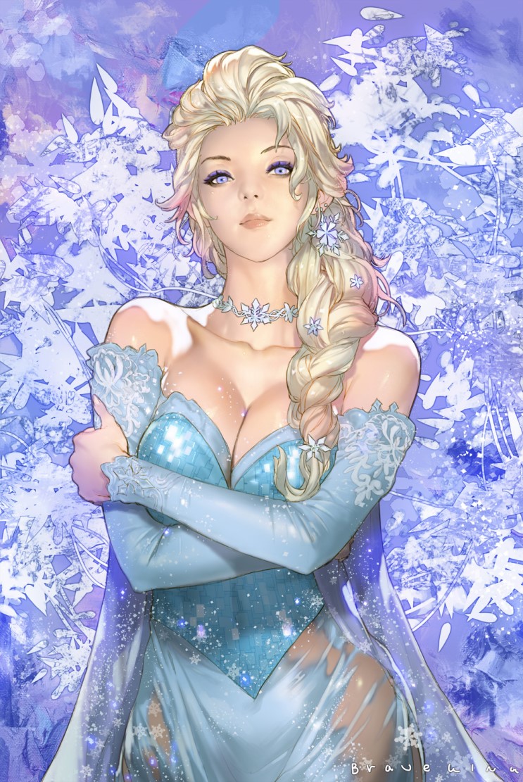 bare_shoulders blonde_hair braid braveking breasts choker cleavage collarbone crossed_arms detached_sleeves dress elsa_(frozen) eyelashes eyeshadow frozen_(disney) hair_ornament jewelry lips long_hair looking_at_viewer makeup necklace nose purple_eyes see-through shiny shiny_skin single_braid snowflakes solo strapless strapless_dress