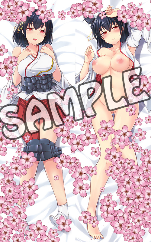:d ankle_socks barefoot black_hair blush bottomless breasts cherry_blossoms dakimakura detached_sleeves flower full-face_blush hair_ornament kantai_collection knee_pads large_breasts lying multiple_views nipples nontraditional_miko on_bed open_clothes open_mouth open_shirt pleated_skirt pussy red_eyes red_skirt sama_samasa sample shirt short_hair skirt smile thigh_gap yamashiro_(kantai_collection)