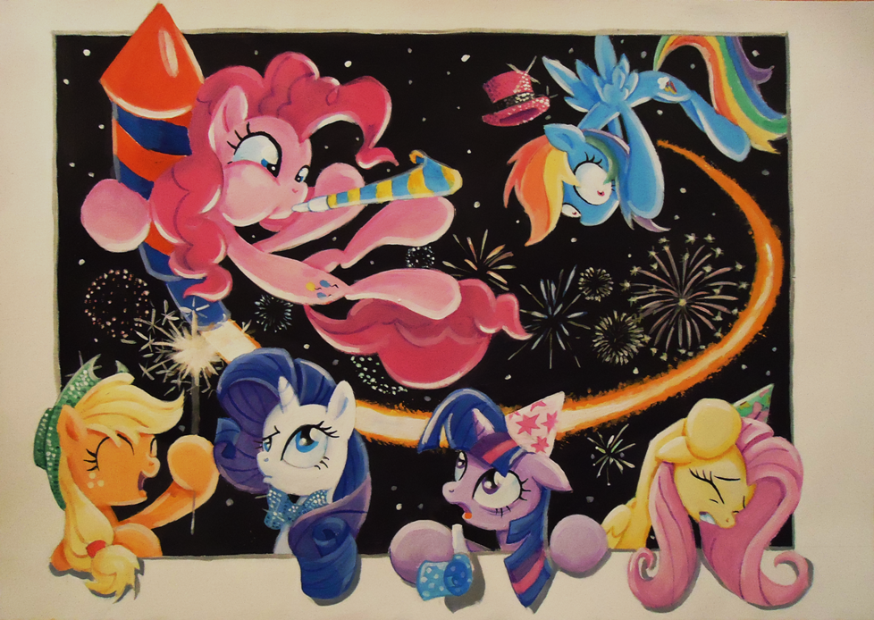 applejack_(mlp) blonde_hair blue_eyes bow_tie cowboy_hat cutie_mark equine eyes_closed female firework fireworks fluttershy_(mlp) flying freckles friendship_is_magic graffegruam group hair hat horn horse mammal multi-colored_hair my_little_pony party_hat party_horn pegasus pink_hair pinkie_pie_(mlp) pony purple_eyes purple_hair rainbow_dash_(mlp) rainbow_hair rarity_(mlp) scared sparkler sparkles traditional_media twilight_sparkle_(mlp) unicorn wings