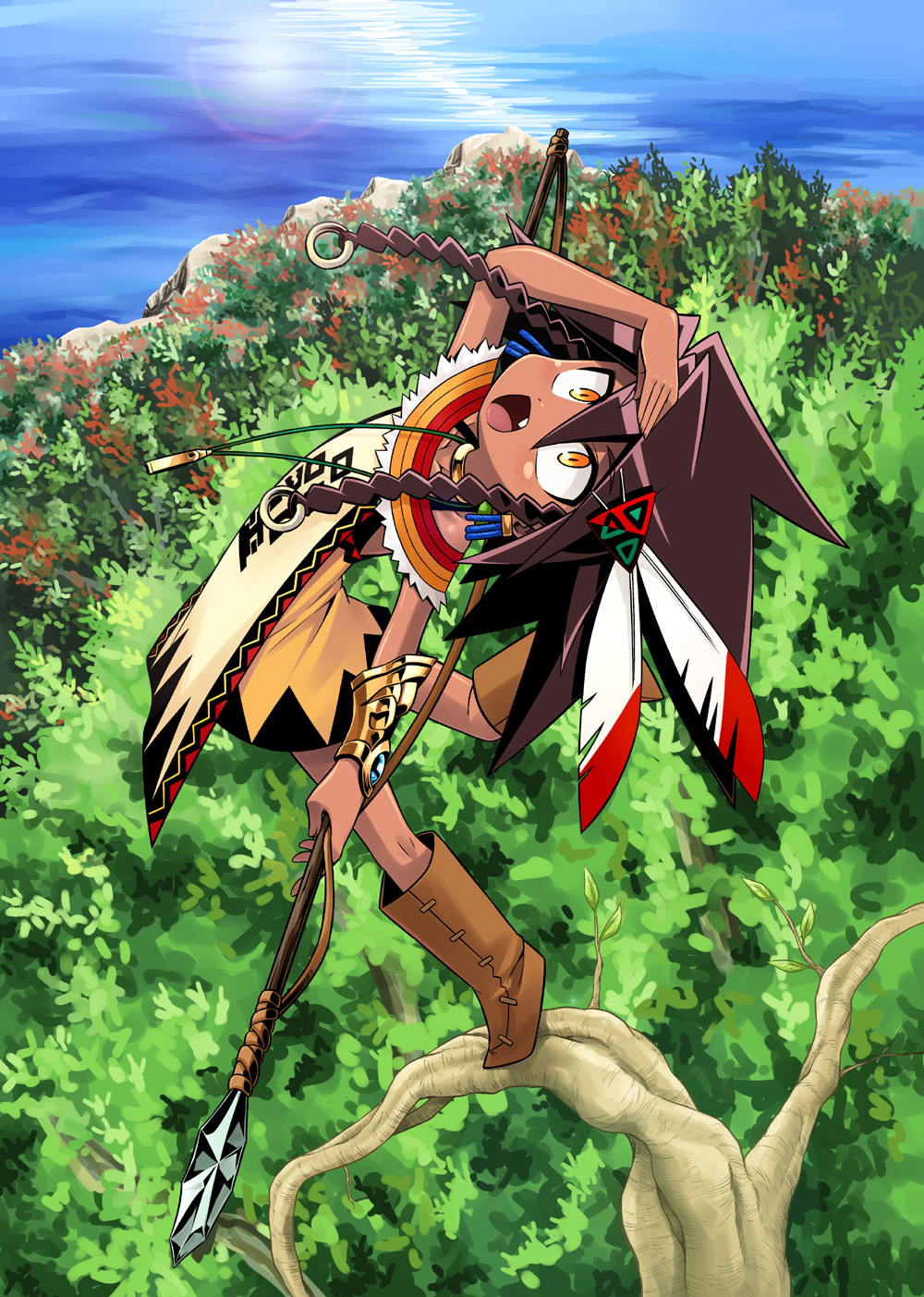 beast_king_(sekaiju) boots braid brown_eyes brown_hair capelet choker collarbone dark_skin fang feathers forest hair_ornament highres looking_up minami_juujisei nature ocean open_mouth polearm sekaiju_no_meikyuu sekaiju_no_meikyuu_3 solo spear standing standing_on_one_leg tree twin_braids vambraces weapon whistle