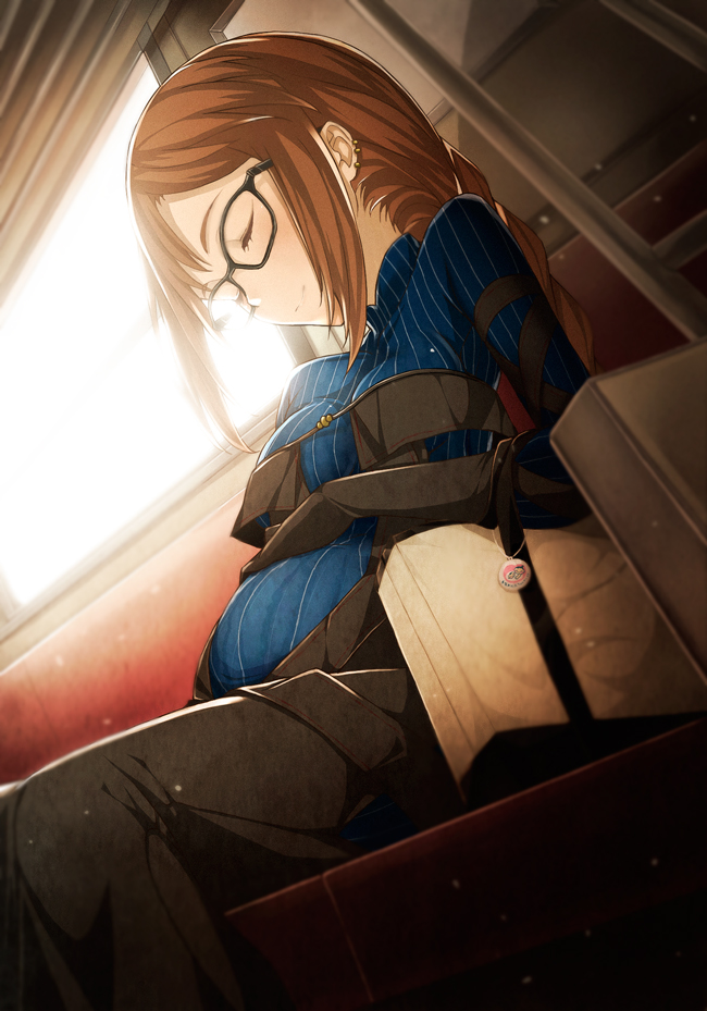 1girl backlighting bag big_belly black-framed_eyewear black_gloves blue_bodysuit blush bodysuit braid breasts closed_mouth commentary_request consort_yu_(fate) day ear_piercing elbow_gloves eyes_closed fate/grand_order fate_(series) feet_out_of_frame from_below glasses gloves hand_on_own_stomach handbag long_hair medium_breasts piercing pregnant sakasa_(guranyto) seat sidelocks single_braid sitting smile solo striped train_interior vertical_stripes window