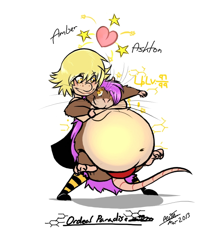 2013 amber_eyes anthro ashton_f_ashhild belly big_belly black_skirt blonde_hair brown_fur cape carrying chubby cuddling cute duo dyed_hair female freckles fur glowing glowing_eyes hair happy holding human legwear long_hair long_whiskers love male mammal navel ordeal_paradise overweight purple_hair rat riis rodent round_nose shoes smile socks standing stars stockings straight striped_socks swim_suit thong underwear whiskers