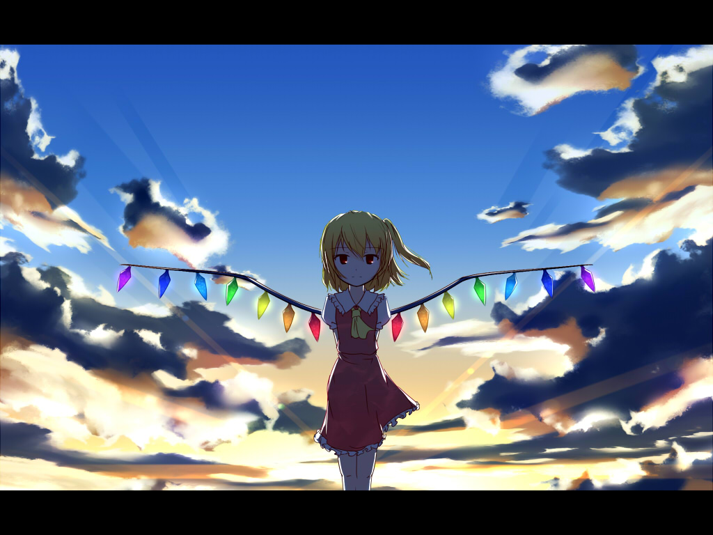 arms_behind_back ascot blonde_hair cloud crystal day flandre_scarlet glowing no_hat no_headwear one_side_up rainbow_order red_eyes sky solo sunrise touhou tsuyuki_(yukitgraph) wallpaper wings