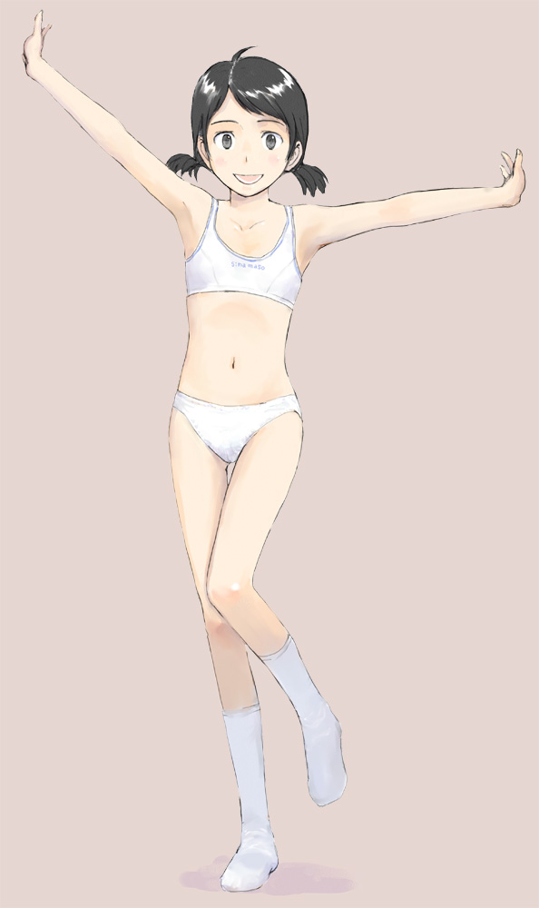 armpits black_hair bra flat_chest imo_cyber navel original outstretched_arms panties short_hair short_twintails smile socks solo sports_bra spread_arms twintails underwear underwear_only