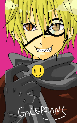 1boy blonde_hair brown_eyes fangs galerians galerians:_ash gloves goggles knife lowres magenta_background monogoggle parano parano_(galerians) simple_background slit_pupils smile smiley_face solo video_game