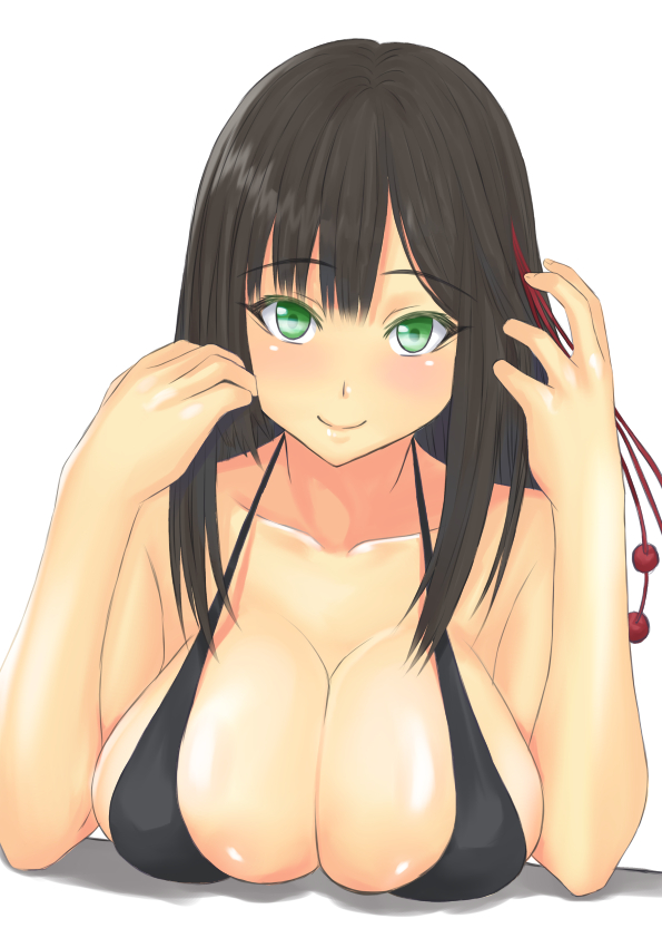 black_hair breasts cleavage green_eyes koi_to_senkyo_to_chocolate large_breasts long_hair looking_at_viewer muffin_(sirumeria) shinonome_satsuki shiny shiny_skin simple_background skindentation smile solo strap_gap upper_body white_background