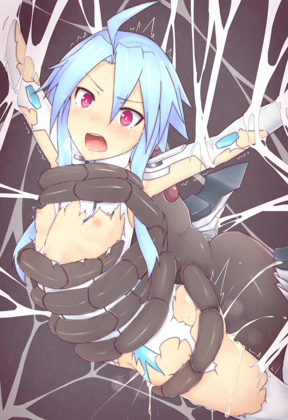 ahoge bestiality blue_hair blush bug cum cum_in_pussy flat_chest giant_insect highres insect mingaru neptune_(series) open_mouth red_eyes short_hair_with_long_locks silk solo spider spider_web symbol-shaped_pupils white_heart