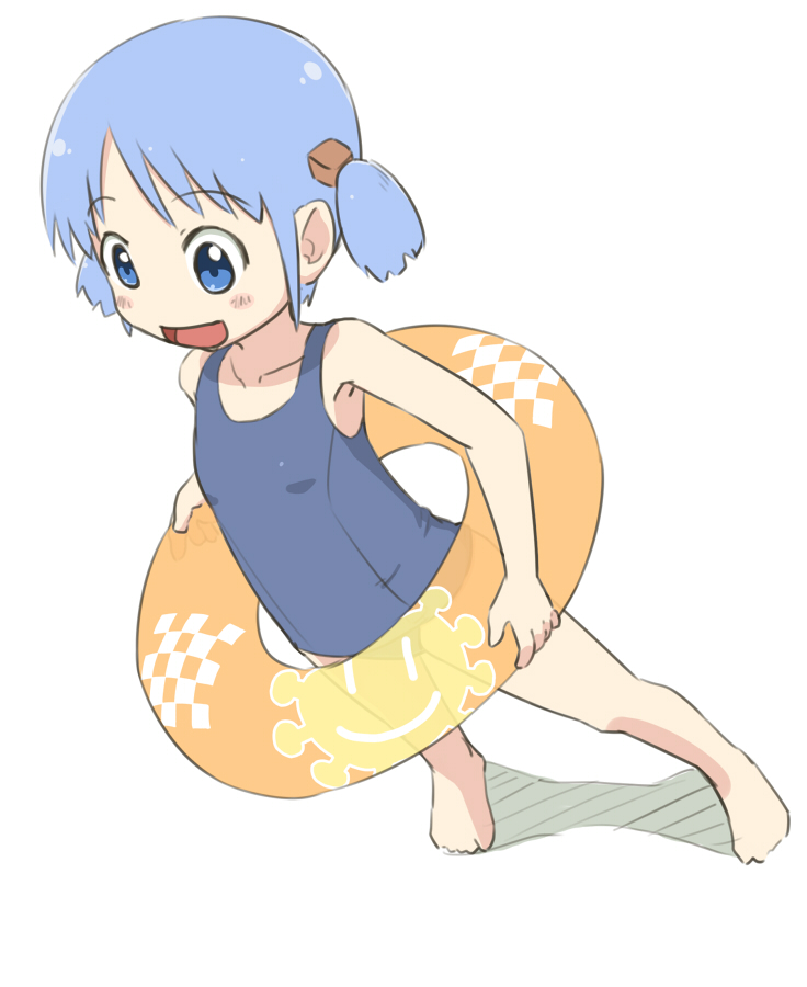 :d armpits bangs barefoot blue_eyes blue_hair blue_swimsuit blush checkered dutch_angle flat_chest from_above full_body hair_ornament happy holding inflatable_toy legs_apart looking_to_the_side naganohara_mio nichijou no_nose one-piece_swimsuit open_mouth parted_bangs school_swimsuit shadow short_hair short_twintails sidelocks simple_background smile smiley_face solo standing sun_print swimsuit tomboo transparent twintails white_background