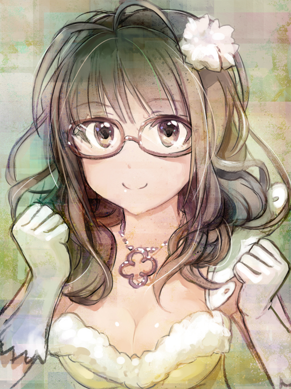 akizuki_ritsuko antenna_hair breasts brown_eyes brown_hair cleavage glasses gloves idolmaster idolmaster_(classic) jewelry looking_at_viewer luncheon_meat_umai medium_breasts necklace smile solo