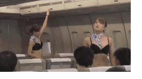 2girls airplane airplane_interior animated animated_gif asian ass black_bra black_panties bra breasts exhibitionism flight_attendant lace lace-trimmed_panties lingerie lowres multiple_boys multiple_girls panties pantyhose photo plane scarf sdde-339 stewardess thighhighs thong tray underwear