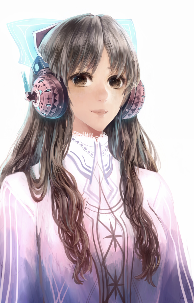 brown_eyes brown_hair dress headphones highres lips long_hair nose original sakimori_(hououbds) smile solo white_dress wireless