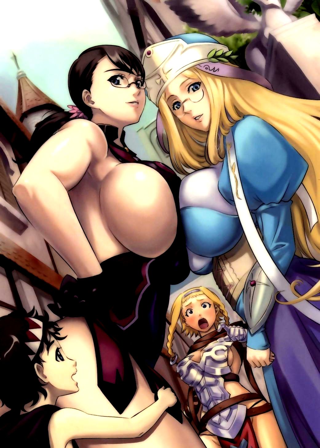 1boy 3girls age_difference armpits asymmetrical_docking blush bodysuit bow breast_press breasts building cattleya city ears eiwa glasses gloves hair_bow hair_ornament hair_ornaments happy highres hips huge_breasts leina lips megane melpha mother_and_son multiple_girls queen's_blade queen's_blade rana sideboob smile symmetrical_docking
