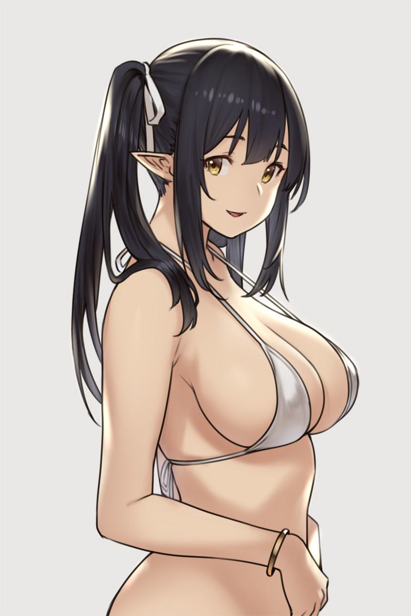 1girl bangs bare_shoulders black_hair blush bracelet breasts cleavage collarbone commentary elf elf_(houtengeki) grey_bikini_top hair_ribbon highres houtengeki jewelry large_breasts long_hair looking_at_viewer open_mouth original parted_lips pointy_ears ribbon sidelocks simple_background smile solo twintails yellow_eyes