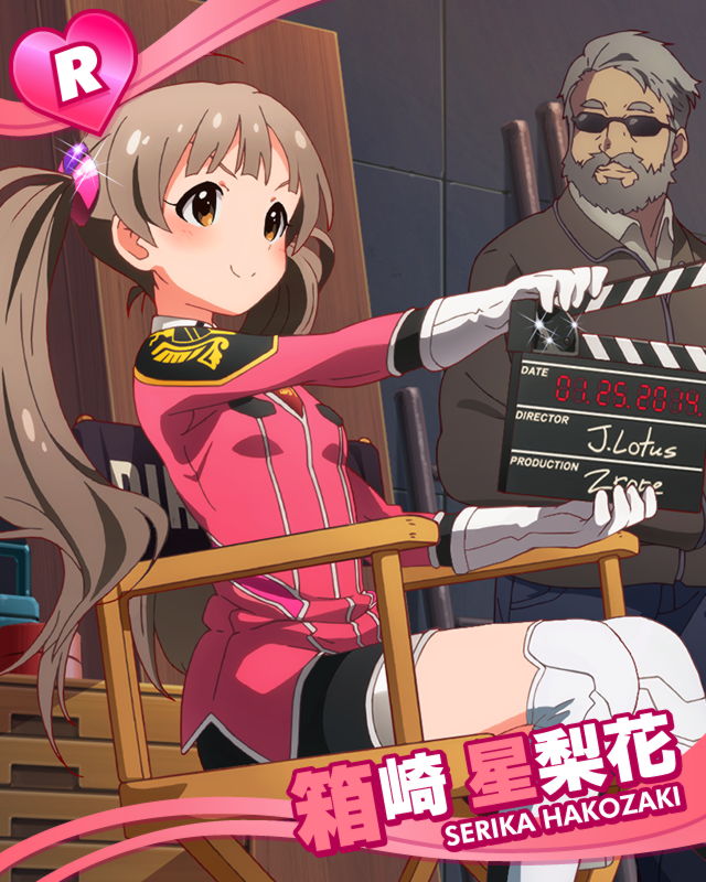 &gt;:) 1girl artist_request beard brown_eyes brown_hair character_name clapperboard director director's_chair facial_hair hakozaki_serika idolmaster idolmaster_million_live! official_art sitting smile sunglasses twintails v-shaped_eyebrows