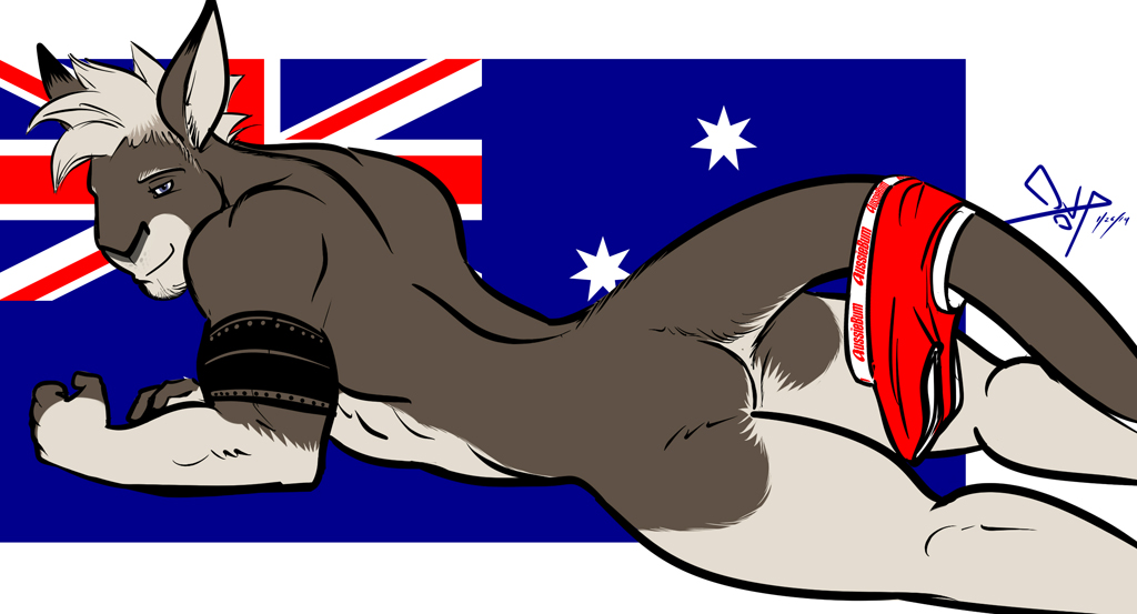 anthro australia australian_flag bgn biceps big_muscles butt flag kangaroo male mammal marsupial muscles solo sydney_o'connell sydney_o'connell tattoo underwear