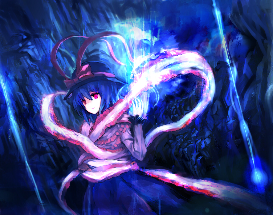 akn bad_id bad_pixiv_id blue_hair hat nagae_iku red_eyes ribbon short_hair solo touhou