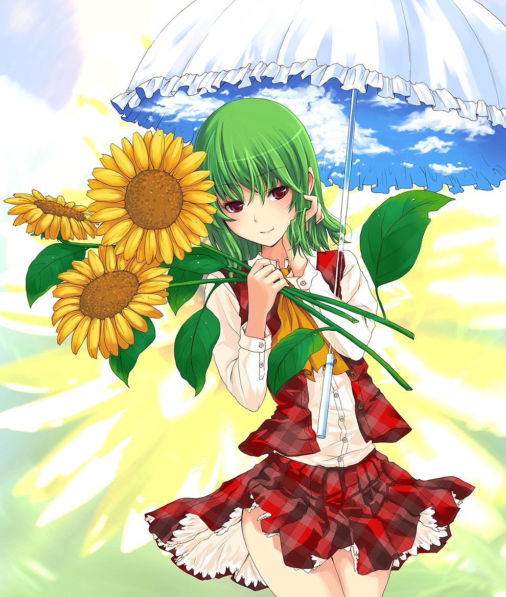 ascot flower green_hair hand_in_hair holding holding_flower kazami_yuuka parasol plaid plaid_skirt plaid_vest red_eyes short_hair skirt skirt_set sky sky_print smile solo sunflower touhou umbrella unasaka_ryou unmoving_pattern vest