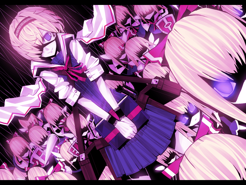 alice_margatroid bad_id bad_pixiv_id blonde_hair book bow crazy_eyes doll dutch_angle eyepatch glowing glowing_eyes grimoire grimoire_of_alice hair_bow hairband koto_suomi lance no_eyes polearm shanghai_doll shield short_hair solo touhou v_arms weapon wings