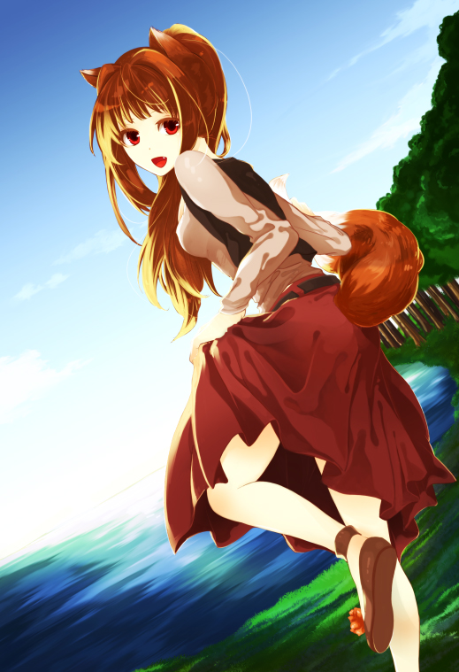 animal_ears artist_request brown_hair cloud day dress fang holo lake long_hair ponytail red_eyes skirt skirt_lift smile solo spice_and_wolf tail thighs tree wolf_ears