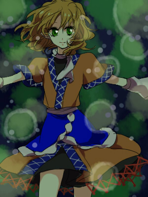 blonde_hair blue_skirt closed_mouth cowboy_shot green_eyes looking_at_viewer lowres mizuhashi_parsee popoin puffy_short_sleeves puffy_sleeves short_hair short_sleeves skirt smile solo touhou
