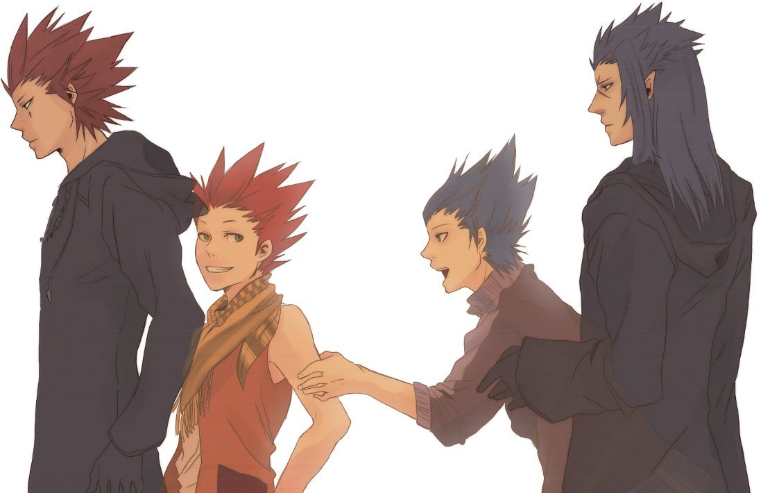 4boys aged_down axel_(kingdom_hearts) bandana bandana_around_neck black_coat black_coat_(kingdom_hearts) black_gloves black_jacket blue_hair coat commentary_request cross_scar facing_to_the_side gloves green_eyes grin hand_on_another's_arm hand_up high_collar hood hooded_coat isa_(kingdom_hearts) jacket kingdom_hearts kingdom_hearts_birth_by_sleep lea_(kingdom_hearts) long_sleeves looking_at_another looking_back looking_down male_focus minatoya_mozuku multiple_boys orange_vest pointy_ears red_hair sad saix scar scar_on_face shirt short_hair sidelocks simple_background sleeveless sleeveless_shirt smile spiked_hair standing teardrop_facial_mark vest white_background white_shirt yellow_bandana