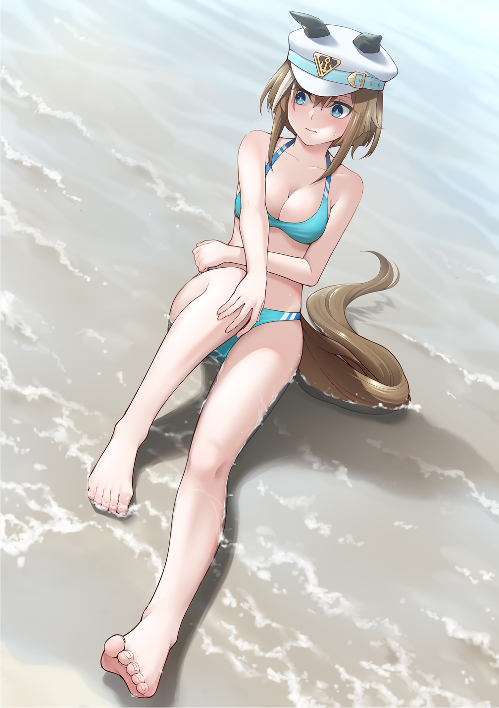 1girl animal_ears bare_arms bare_legs bare_shoulders barefoot bikini blue_bikini blue_eyes breasts brown_hair cheval_grand_(umamusume) cleavage closed_mouth collarbone commentary_request day dutch_angle ears_through_headwear feet hair_between_eyes hat highres horse_ears horse_girl horse_tail knee_up looking_to_the_side medium_breasts multicolored_hair ogry_ching outdoors peaked_cap shallow_water sitting solo streaked_hair swimsuit tail umamusume water wavy_mouth white_hair white_headwear