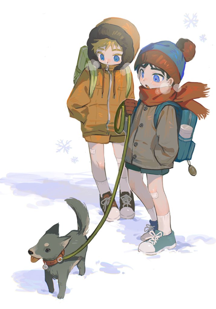 2boys bag bandaid bandaid_on_leg beanie black_hair blonde_hair blue_eyes blue_footwear breath brown_jacket child chun_baii dog fur_hat hand_in_pocket hat holding holding_leash hood jacket kenny_mccormick leash male_focus multiple_boys open_mouth orange_jacket red_footwear scarf school_bag short_hair shorts simple_background snow socks south_park stan_marsh tongue tongue_out