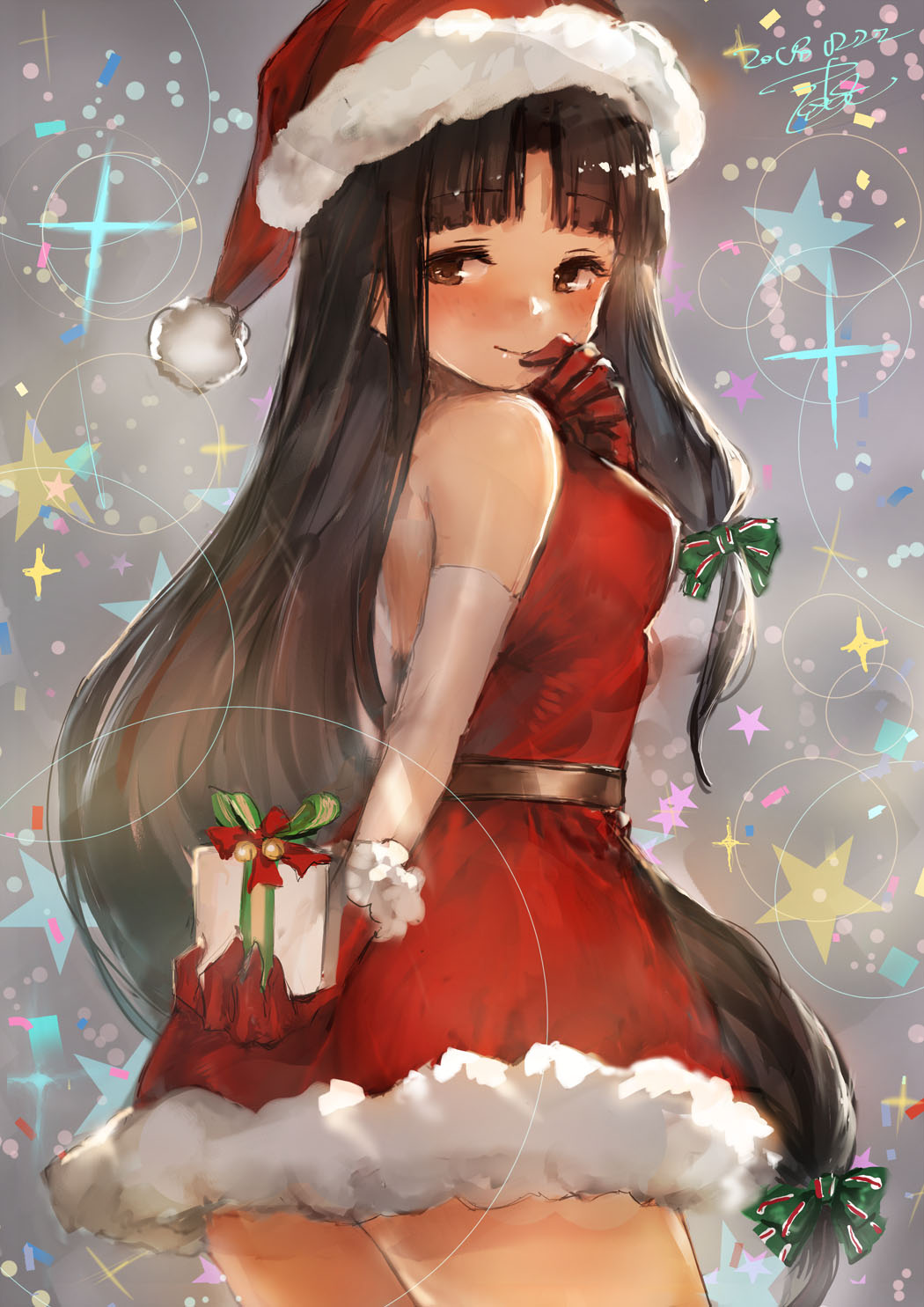 1girl bangs bare_shoulders belt black_hair blunt_bangs blush bow breasts brown_eyes christmas closed_mouth cowboy_shot dress elbow_gloves eyebrows_visible_through_hair finger_to_mouth floating_hair from_behind fur_trim gift gloves green_bow hair_bow hand_up hat highres holding holding_gift kantai_collection long_hair looking_at_viewer looking_back low-tied_long_hair medium_breasts parted_bangs red_dress red_gloves red_hat santa_costume santa_hat shouhou_(kantai_collection) sidelocks signature sleeveless sleeveless_dress smile solo standing toka_(marchlizard) very_long_hair