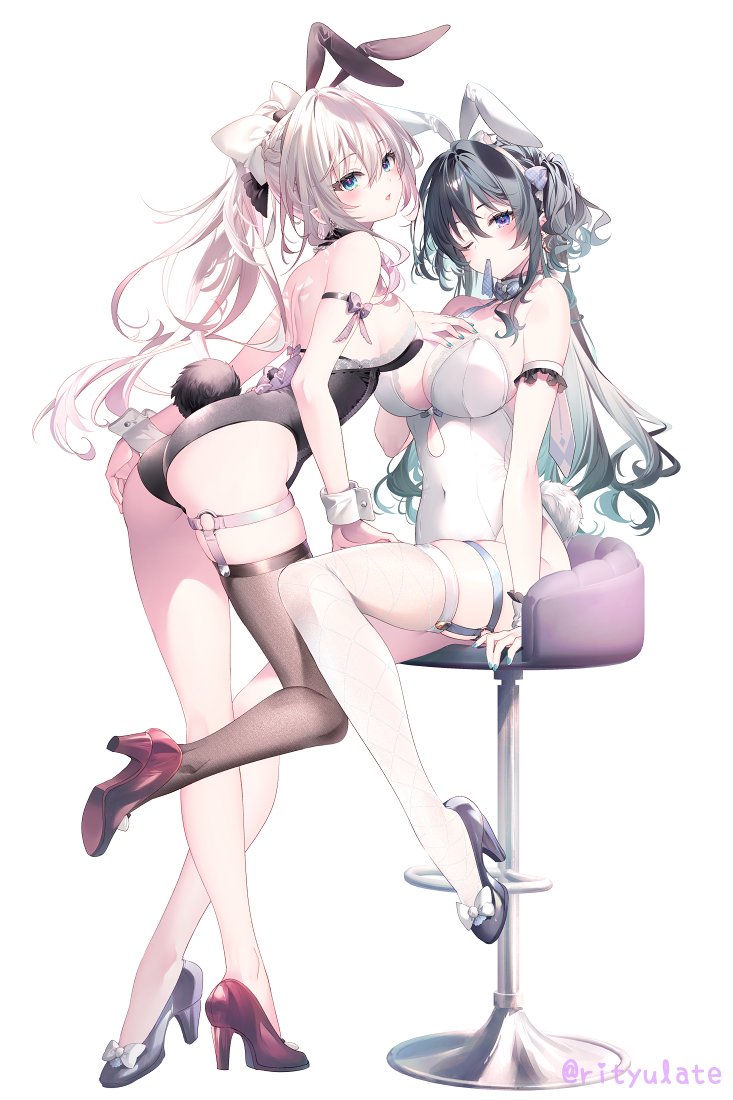 2girls animal_ear_hairband animal_ears bare_shoulders black_footwear black_hair black_leotard black_thighhighs blue_eyes bow breasts cleavage closed_mouth covered_navel fake_animal_ears fake_tail full_body green_eyes hair_between_eyes hair_bow hand_on_another's_thigh high_heels high_ponytail leotard long_hair looking_at_viewer luanastia_fluegel mouth_hold multicolored_hair multiple_girls one_eye_closed original parted_lips pink_hair playboy_bunny ponytail rabbit_ears rabbit_tail red_footwear rianastia_flugel riichu sidelocks simple_background single_thighhigh sitting standing standing_on_one_leg tail thigh_strap thighhighs white_background white_bow white_leotard white_thighhighs