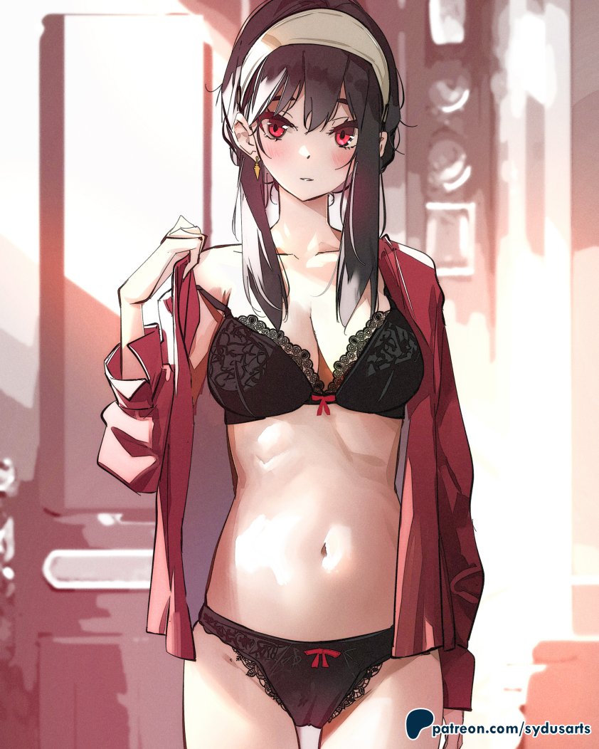 1girl black_bra black_hair black_panties blush bra breasts cleavage collarbone commentary cowboy_shot english_commentary hair_between_eyes hairband hand_up large_breasts light_smile long_sleeves looking_at_viewer navel open_clothes open_shirt panties patreon_username red_eyes red_shirt shirt sidelocks sketch_background solo spy_x_family stomach sydus thighs underwear white_hairband yor_briar