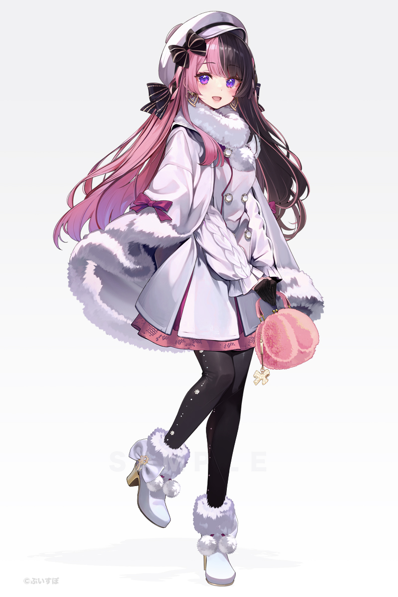 1girl :d asumi_sena bag black_bow black_hair black_pantyhose boots bow cloak commentary_request dress full_body fur-trimmed_boots fur-trimmed_cloak fur_collar fur_trim gradient_background grey_background hat high_heel_boots high_heels highres holding holding_bag long_hair looking_at_viewer multicolored_hair pantyhose peaked_cap pink_hair purple_eyes shirokitsune smile solo standing standing_on_one_leg striped striped_bow two-tone_hair very_long_hair virtual_youtuber vspo! white_background white_cloak white_dress white_footwear white_headwear