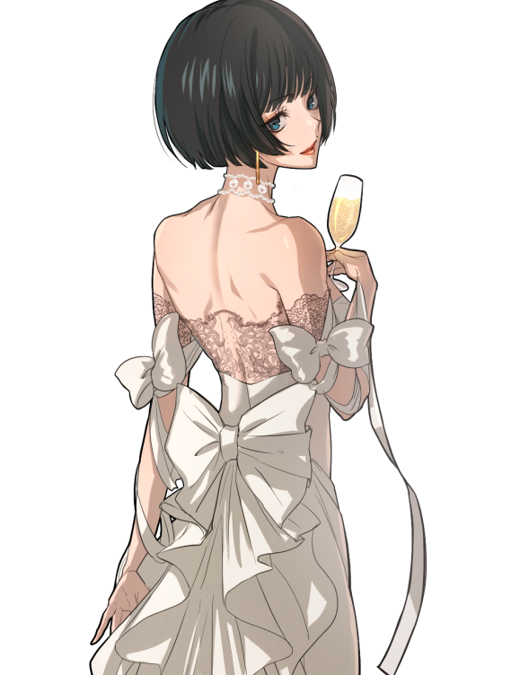 1girl bare_shoulders black_hair blue_eyes dress guilty_gear guilty_gear_strive hitsuji_kusa i-no looking_at_viewer mole mole_above_mouth red_lips short_hair white_dress