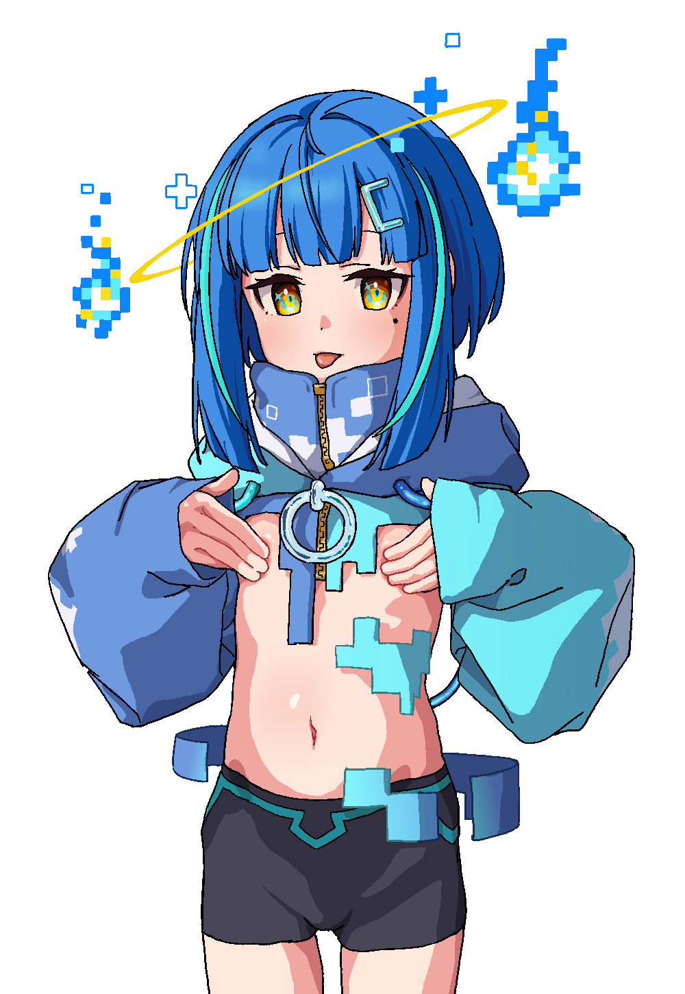 1girl :p areola_slip bike_shorts blue_hair bob_cut covering_nipples covering_privates cowboy_shot drawstring flat_chest hair_ornament halo highres hitodama indie_virtual_youtuber jacket jaggy_lines mochituke_nullpo mole mole_under_eye multicolored_hair navel pixel_art psd_available simple_background sleeves_past_wrists solo stomach streaked_hair symbol-shaped_pupils tamaya tongue tongue_out virtual_youtuber white_background yellow_eyes zipper
