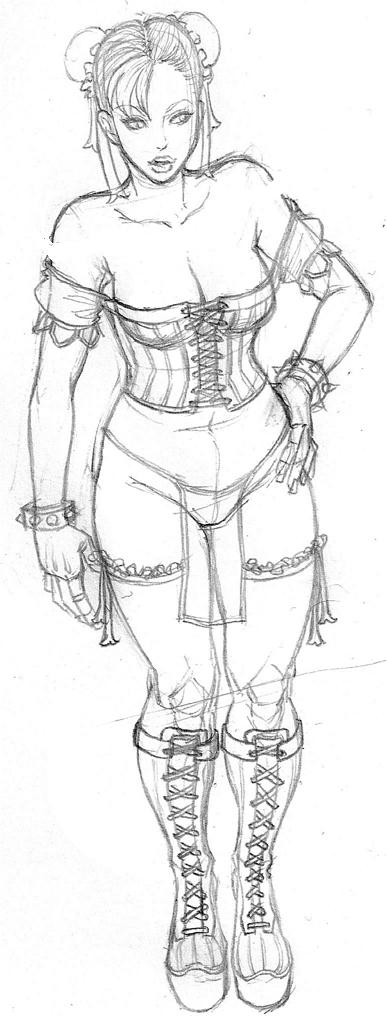 alternate_costume bare_shoulders boots bracelet breasts bun_cover chun-li cleavage corset cross-laced_footwear double_bun full_body graphite_(medium) greyscale hand_on_hip jewelry knee_boots lace-up_boots lineart lm_(legoman) loincloth monochrome sketch solo spiked_bracelet spikes street_fighter thighhighs traditional_media