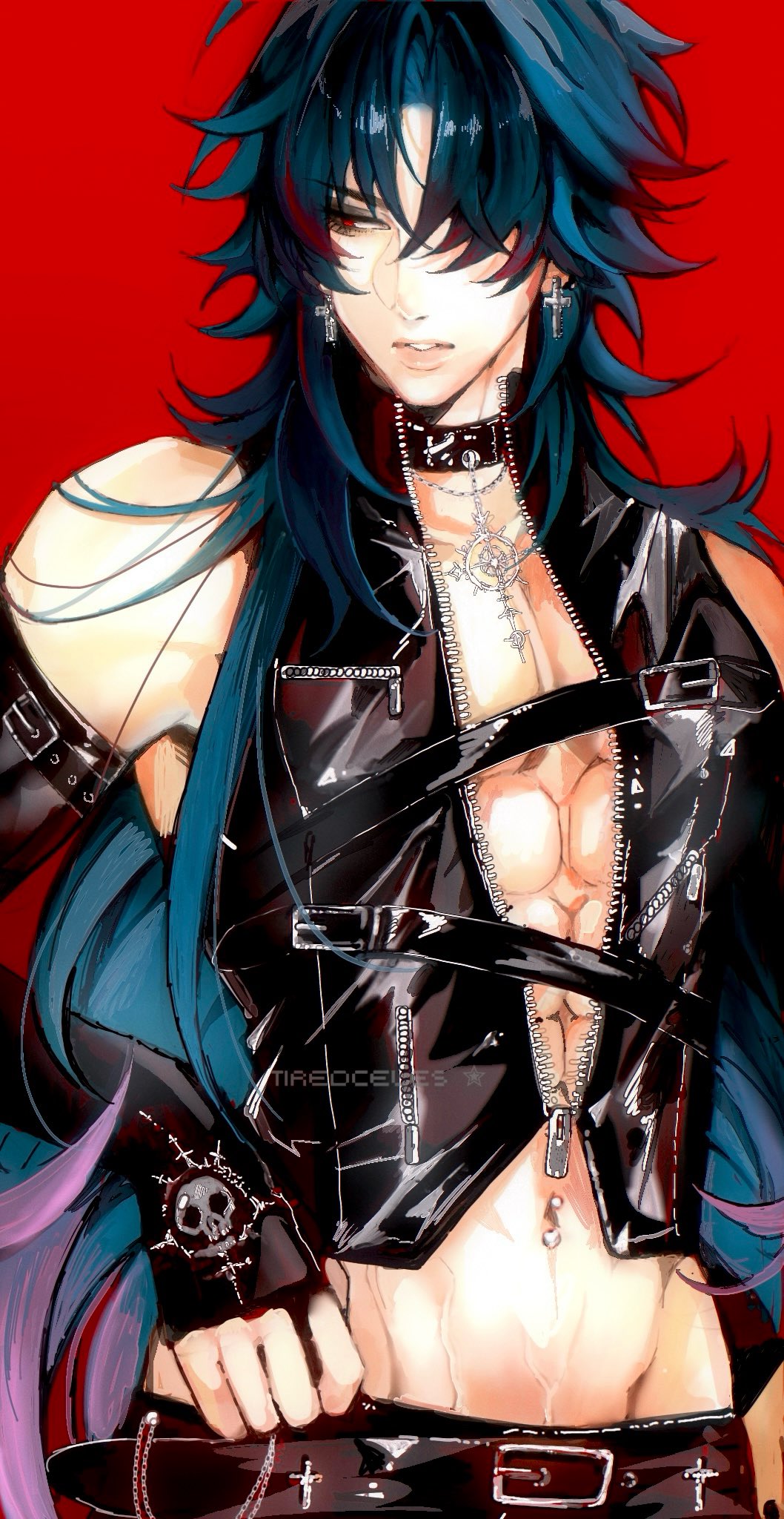 1boy abs alternate_costume black_bridal_gauntlets black_choker black_hair black_pants black_vest blade_(honkai:_star_rail) blue_hair choker cross cross_earrings earrings facing_viewer gothic highres honkai:_star_rail honkai_(series) jewelry long_hair looking_to_the_side male_focus multicolored_hair muscular necklace open_clothes open_vest pants parted_lips red_background red_eyes red_hair solo teeth tiredceles vest