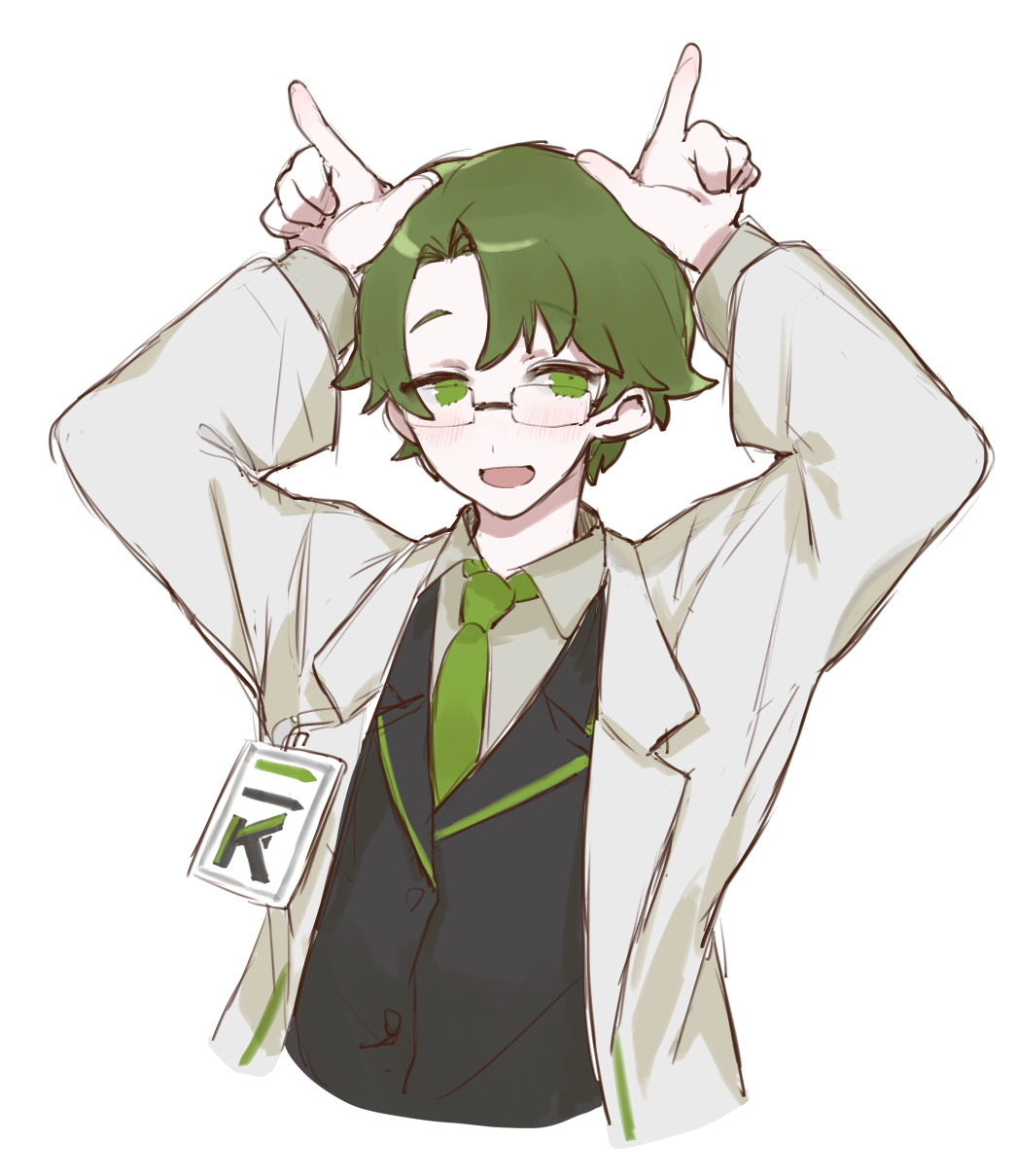 1boy arms_up black_jacket coat collared_shirt dongrang_(project_moon) glasses green_eyes green_hair green_necktie highres horns_pose jacket limbus_company long_sleeves male_focus necktie open_mouth project_moon shirt smile solo uchimura_(rino0525) white_coat white_shirt wing_collar