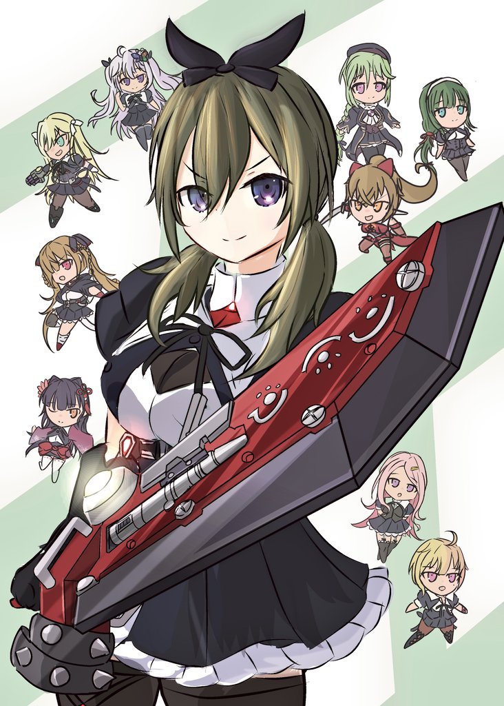 &gt;:) 6+girls ahoge animal_ears aqua_eyes arms_at_sides assault_lily asymmetrical_legwear belt black_bow black_footwear black_jacket black_pantyhose black_ribbon black_shirt black_skirt black_thighhighs blonde_hair bow braid braided_ponytail breasts brown_eyes brown_pantyhose butterfly_hair_ornament cat_ears chest_belt chibi closed_mouth commentary_request cowboy_shot cropped_jacket fake_animal_ears flower frilled_skirt frills garter_straps gloves green_background green_eyes green_hair grey_belt hair_between_eyes hair_bow hair_flower hair_intakes hair_ornament hair_over_shoulder hair_ribbon hairband hairclip hands_up hanten_(clothes) hasebe_touka holding holding_sword holding_weapon imagawa_homare imai_seira jacket katsuo_arusutoro kiko_totori kneehighs kondou_misaka kurokawa_nadi_hanna long_hair looking_ahead looking_at_viewer low_ponytail low_twintails luise_ingels medium_breasts miniskirt mismatched_legwear mole mole_under_eye multiple_girls murakami_tokiwa neck_ribbon one_eye_closed one_eye_covered outstretched_arms pantyhose parted_bangs pink_eyes pink_flower pink_hair ponytail power_fist puffy_short_sleeves puffy_sleeves purple_eyes purple_hair red_eyes red_footwear red_shirt red_skirt ribbon school_uniform seike_tomoyo shirt short_hair short_sleeves short_twintails single_braid single_thighhigh skirt smile socks standing standing_on_one_leg sword tassel tassel_hair_ornament thigh_strap thighhighs twin_braids twintails two-tone_background two-tone_shirt two_side_up underbust v-shaped_eyebrows very_long_hair waist_cape weapon white_background white_gloves white_hairband white_ribbon white_shirt white_socks white_thighhighs wide_sleeves yamanashi_hibari yellow_eyes yurigaoka_girls_academy_school_uniform