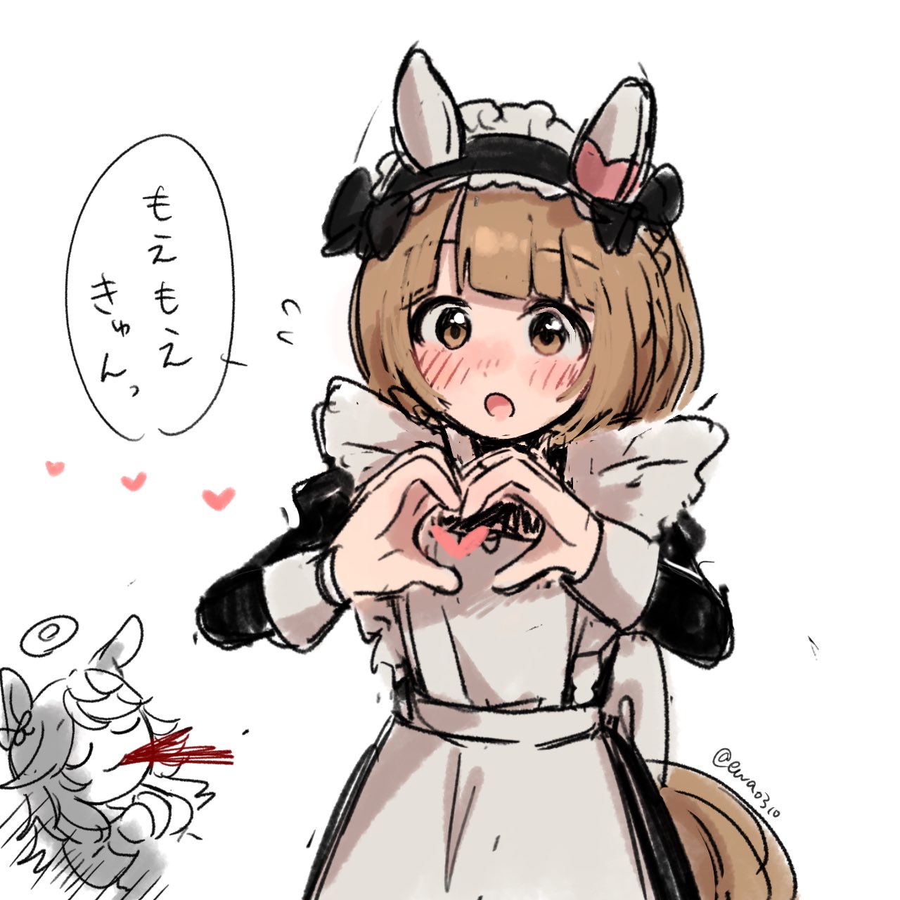 2girls alternate_costume animal_ears blood blood_from_mouth blush brown_eyes brown_hair closed_eyes commentary_request enmaided ewa_(ewa0310) gold_city_(umamusume) halo heart heart_hands highres horse_ears horse_tail looking_at_viewer maid maid_headdress moe_moe_kyun! multiple_girls open_mouth ribbon tail translation_request twitter_username umamusume white_background yukino_bijin_(umamusume)